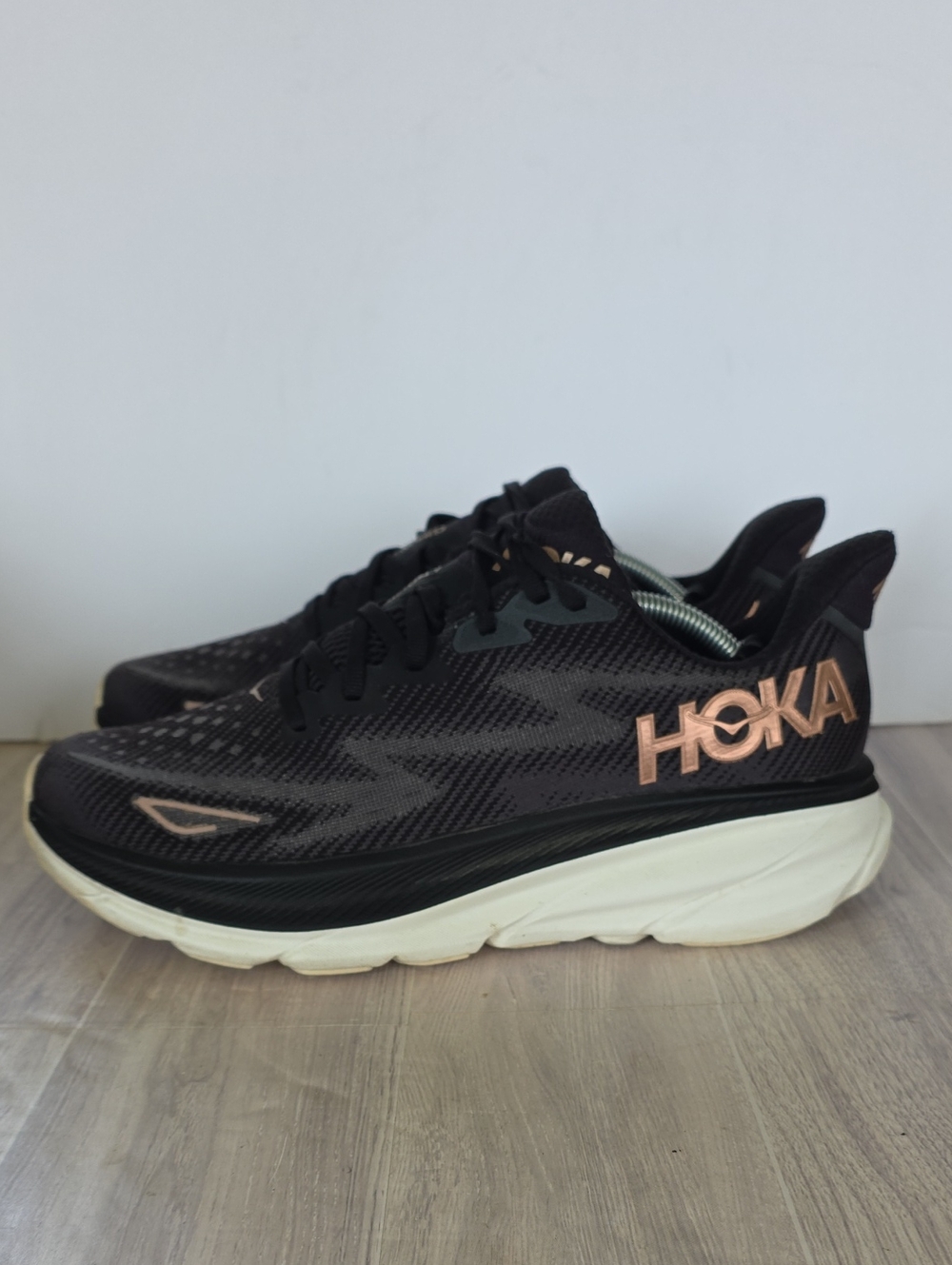 HOKA Women's Black Running Shoes with Rose Gold Logo